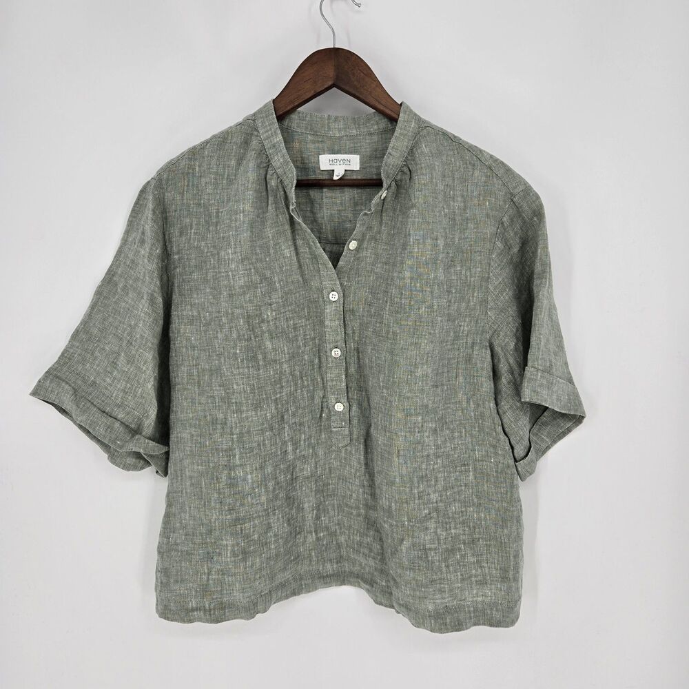 Haven Well Within Green Linen Boxy Blouse Boho Artsy Minimalist Large